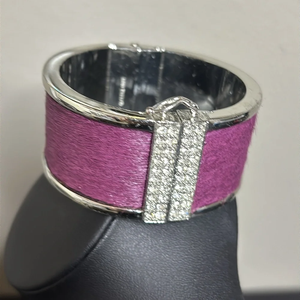 Ann Taylor Faux Fur Purple Elegant Silver Tone Rhinestone Hinge Chunky Bracelet